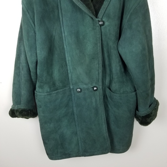 CALAFATE 100% Shearling Dark Green Vintage Coat Dark Green Boho Oversized S - Picture 3 of 13